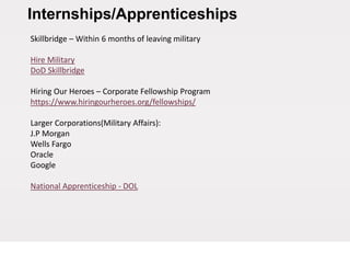 Internships/Apprenticeships
Skillbridge – Within 6 months of leaving military
Hire Military
DoD Skillbridge
Hiring Our Heroes – Corporate Fellowship Program
https://www.hiringourheroes.org/fellowships/
Larger Corporations(Military Affairs):
J.P Morgan
Wells Fargo
Oracle
Google
National Apprenticeship - DOL
 