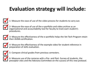 Evaluation strategy will include:
•   1- Measure the ease of use of the video process for students to carry out.

•   2- Measure the ease of use of the e-portfolio and video archive as an
    organizational and accountability tool for faculty to track each student’s
    procedures.

•   3- Measure the effectiveness of the e-portfolio helps the Vet Tech Program retain
    their AVMA certification.

•   4- Measure the effectiveness of the example video for student reference in
    preparation of skills evaluation.

•   5- Compare clinical grades from previous semesters.

•   6- Measure use of the cameras with a Pre- and Post -Survey of students, the
    preceptor sites and the Advisory Committee on the success of this new protocol.
 