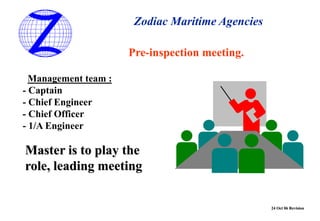 24 Oct 06 Revision
Zodiac Maritime Agencies
Pre-inspection meeting.
Management team :
- Captain
- Chief Engineer
- Chief Officer
- 1/A Engineer
Master is to play the
role, leading meeting
 