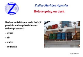 24 Oct 06 Revision
Zodiac Maritime Agencies
Before going on deck
Reduce activities on main deck,if
possible and required close or
reduce pressure :
- steam
- air
- water
- hydraulic
 
