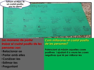 Les maneres de poder  trobar el costat positiu de les  persones son:  Relacionar-se  Parlar amb elles Conèixer-les Estimar-les Preguntant  Com milloraries el costat positiu de les persones? Potenciant al màxim aquelles coses positives  i ajudant-li a veure les coses negatives que té per millorar-les   Tothom al Mijac té un costat positiu, ens ho diem! 