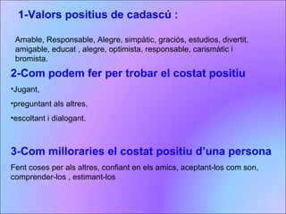 1-Valors positius de cadascú : Amable, Responsable, Alegre, simpàtic, graciós, estudios, divertit, amigable, educat , alegre, optimista, responsable, carismàtic i bromista. 2-Com podem fer per trobar el costat positiu Jugant,  preguntant als altres,  escoltant i dialogant. 3-Com milloraries el costat positiu d’una persona Fent coses per als altres, confiant en els amics, aceptant-los com son, comprender-los , estimant-los 