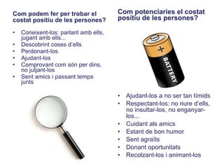 Com podem fer per trobar el costat positiu de les persones? Coneixent-los: parlant amb ells, jugant amb ells... Descobrint coses d’ells Perdonant-los Ajudant-los Comprovant com són per dins, no jutjant-los Sent amics i passant temps junts Com potenciaries el costat positiu de les persones? Ajudant-los a no ser tan tímids Respectant-los: no riure d’ells, no insultar-los, no enganyar-los... Cuidant als amics Estant de bon humor Sent agraïts Donant oportunitats Recolzant-los i animant-los 