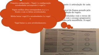  No sistema vocálico do PB, as articulações dizem respeito à articulação de cada
fonema.
 O primeiro exemplo está relacionado ao movimento vertical da língua puxada pela
mandíbula, que pode ter seu dorso elevado ou não na produção de vogais.
 As vogais u, o (avô, pó) são posteriores, ou seja, são produzidas com o recuo do
dorso e raiz da língua, enquanto E, e, i são produzidas com o avanço progressivo
da ponta da língua e do dorso anterior da língua, puxados pela mandíbula. A vogal
a é central, sendo realizada em posição neutra.
Primeira configuração – Vogal i; a configuração
arredondada corresponde à vogal u.
Vogais médias altas correspondem a a, e, o.
Sendo o com os lábios arredondados.
Média baixa: vogal E e arredondados é a vogal
ç.
Vogal baixa: a, sem arredondamento.
 