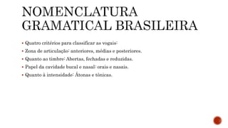  Quatro critérios para classificar as vogais:
 Zona de articulação: anteriores, médias e posteriores.
 Quanto ao timbre: Abertas, fechadas e reduzidas.
 Papel da cavidade bucal e nasal: orais e nasais.
 Quanto à intensidade: Átonas e tônicas.
 