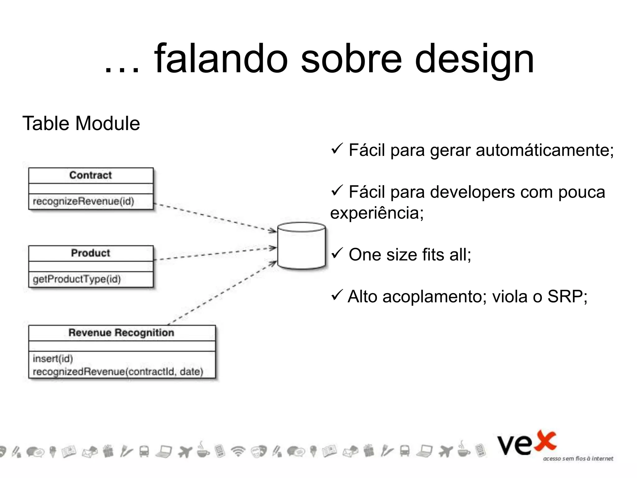 … falando sobre design
Table Module
 Fácil para gerar automáticamente;
 Fácil para developers com pouca
experiência;
 One size fits all;
 Alto acoplamento; viola o SRP;
 