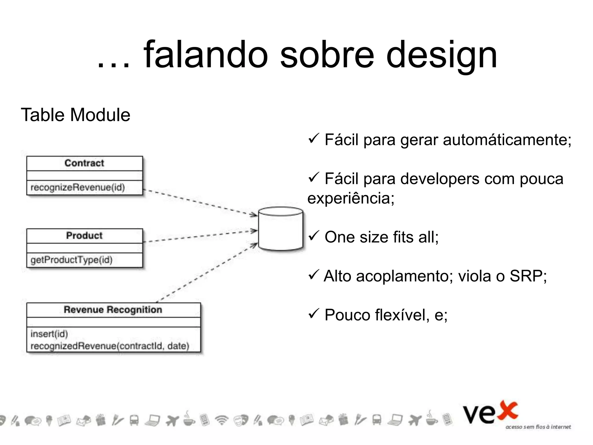 … falando sobre design
Table Module
 Fácil para gerar automáticamente;
 Fácil para developers com pouca
experiência;
 One size fits all;
 Alto acoplamento; viola o SRP;
 Pouco flexível, e;
 