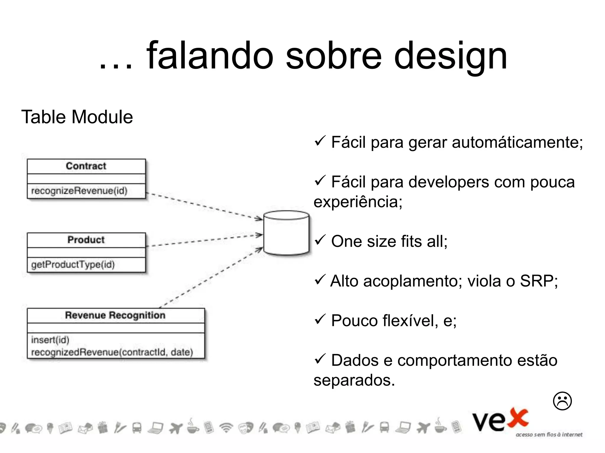 … falando sobre design
Table Module
 Fácil para gerar automáticamente;
 Fácil para developers com pouca
experiência;
 One size fits all;
 Alto acoplamento; viola o SRP;
 Pouco flexível, e;
 Dados e comportamento estão
separados.

 