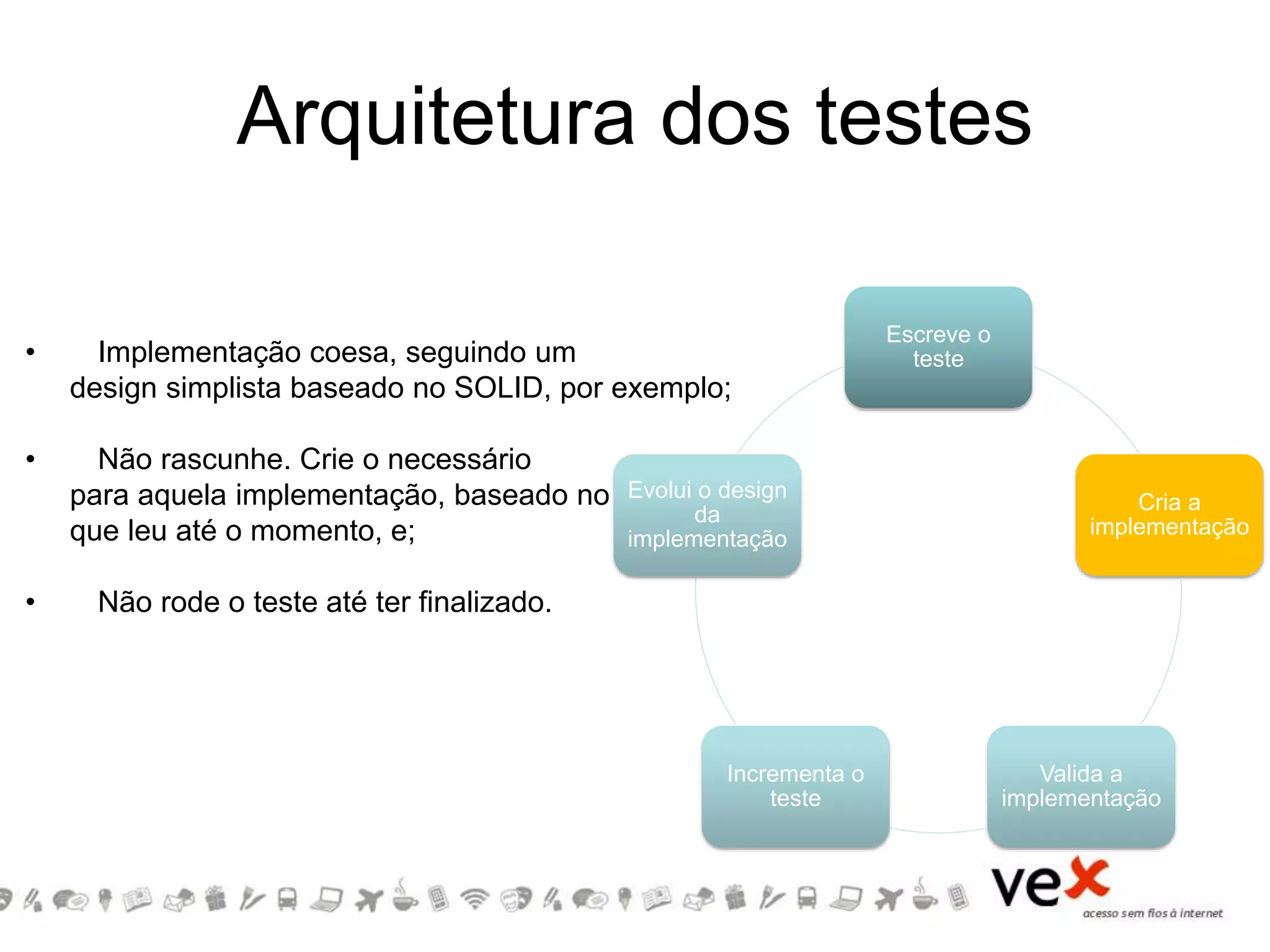 Arquitetura dos testes
Escreve o
teste
Cria a
implementação
Valida a
implementação
Incrementa o
teste
Evolui o design
da
implementação
• Implementação coesa, seguindo um
design simplista baseado no SOLID, por exemplo;
• Não rascunhe. Crie o necessário
para aquela implementação, baseado no
que leu até o momento, e;
• Não rode o teste até ter finalizado.
 