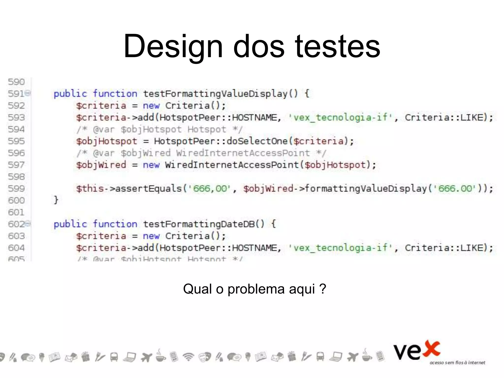 Design dos testes
Qual o problema aqui ?
 