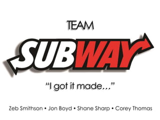 TEAM
Zeb Smithson  Jon Boyd  Shane Sharp  Corey Thomas
“I got it made…”
 