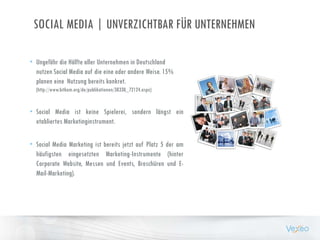 SOCIAL MEDIA | UNVERZICHTBAR FÜR UNTERNEHMEN
• Ungefähr die Hälfte aller Unternehmen in Deutschland
nutzen Social Media auf die eine oder andere Weise. 15%
planen eine Nutzung bereits konkret.
(http://www.bitkom.org/de/publikationen/38338_72124.aspx)
• Social Media ist keine Spielerei, sondern längst ein
etabliertes Marketinginstrument.
• Social Media Marketing ist bereits jetzt auf Platz 5 der am
häufigsten eingesetzten Marketing-Instrumente (hinter
Corporate Website, Messen und Events, Broschüren und E-
Mail-Marketing).
 