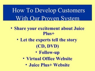 Share your excitement about Juice Plus+  Let the experts tell the story  (CD, DVD) Follow-up Virtual Office Website Juice Plus+ Website How To Develop Customers With Our Proven System 