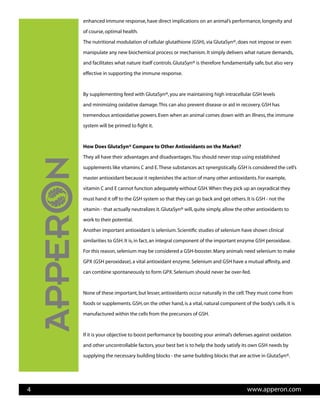 enhanced immune response,have direct implications on an animal’s performance,longevity and
of course,optimal health.
The nutritional modulation of cellular glutathione (GSH),via GlutaSyn®,does not impose or even
manipulate any new biochemical process or mechanism.It simply delivers what nature demands,
and facilitates what nature itself controls.GlutaSyn® is therefore fundamentally safe,but also very
effective in supporting the immune response.
By supplementing feed with GlutaSyn®,you are maintaining high intracellular GSH levels
and minimizing oxidative damage.This can also prevent disease or aid in recovery.GSH has
tremendous antioxidative powers.Even when an animal comes down with an illness,the immune
system will be primed to fight it.
How Does GlutaSyn® Compare to Other Antioxidants on the Market?
They all have their advantages and disadvantages.You should never stop using established
supplements like vitamins C and E.These substances act synergistically.GSH is considered the cell’s
master antioxidant because it replenishes the action of many other antioxidants.For example,
vitamin C and E cannot function adequately without GSH.When they pick up an oxyradical they
must hand it off to the GSH system so that they can go back and get others.It is GSH - not the
vitamin - that actually neutralizes it.GlutaSyn® will,quite simply,allow the other antioxidants to
work to their potential.
Another important antioxidant is selenium.Scientific studies of selenium have shown clinical
similarities to GSH.It is,in fact,an integral component of the important enzyme GSH peroxidase.
For this reason,selenium may be considered a GSH-booster.Many animals need selenium to make
GPX (GSH peroxidase),a vital antioxidant enzyme.Selenium and GSH have a mutual affinity,and
can combine spontaneously to form GPX.Selenium should never be over-fed.
None of these important,but lesser,antioxidants occur naturally in the cell.They must come from
foods or supplements.GSH,on the other hand,is a vital,natural component of the body’s cells.It is
manufactured within the cells from the precursors of GSH.
If it is your objective to boost performance by boosting your animal’s defenses against oxidation
and other uncontrollable factors,your best bet is to help the body satisfy its own GSH needs by
supplying the necessary building blocks - the same building blocks that are active in GlutaSyn®.
4 www.apperon.com
 