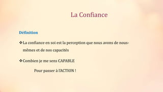 Définition
La confiance en soi est la perception que nous avons de nous-
mêmes et de nos capacités
Combien je me sens CAPABLE
Pour passer à l’ACTION !
La Confiance
 