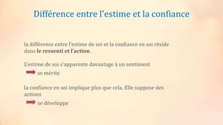 la différence entre l’estime de soi et la confiance en soi réside
dans le ressenti et l’action.
L’estime de soi s’apparente davantage à un sentiment
se mérite
la confiance en soi implique plus que cela. Elle suppose des
actions
se développe
Différence entre l'estime et la confiance
 