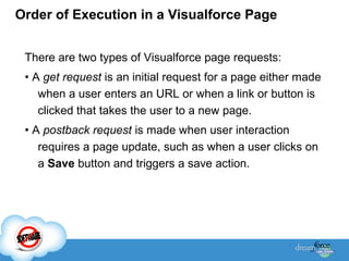 Order of Execution in a Visualforce Page
There are two types of Visualforce page requests:
• A get request is an initial request for a page either made
when a user enters an URL or when a link or button is
clicked that takes the user to a new page.
• A postback request is made when user interaction
requires a page update, such as when a user clicks on
a Save button and triggers a save action.

 