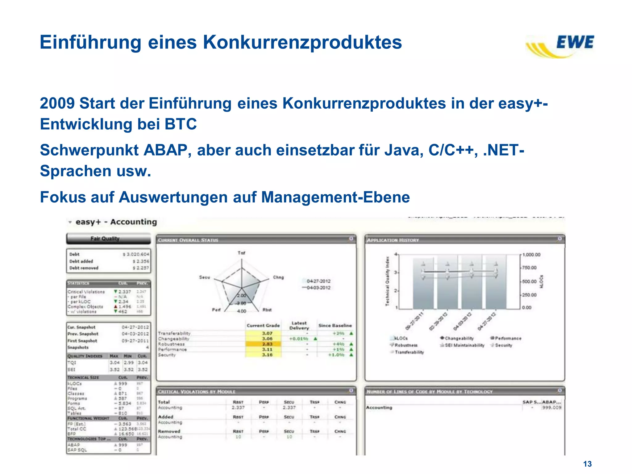 1313
Einführung eines Konkurrenzproduktes
2009 Start der Einführung eines Konkurrenzproduktes in der easy+-
Entwicklung bei BTC
Schwerpunkt ABAP, aber auch einsetzbar für Java, C/C++, .NET-
Sprachen usw.
Fokus auf Auswertungen auf Management-Ebene
 
