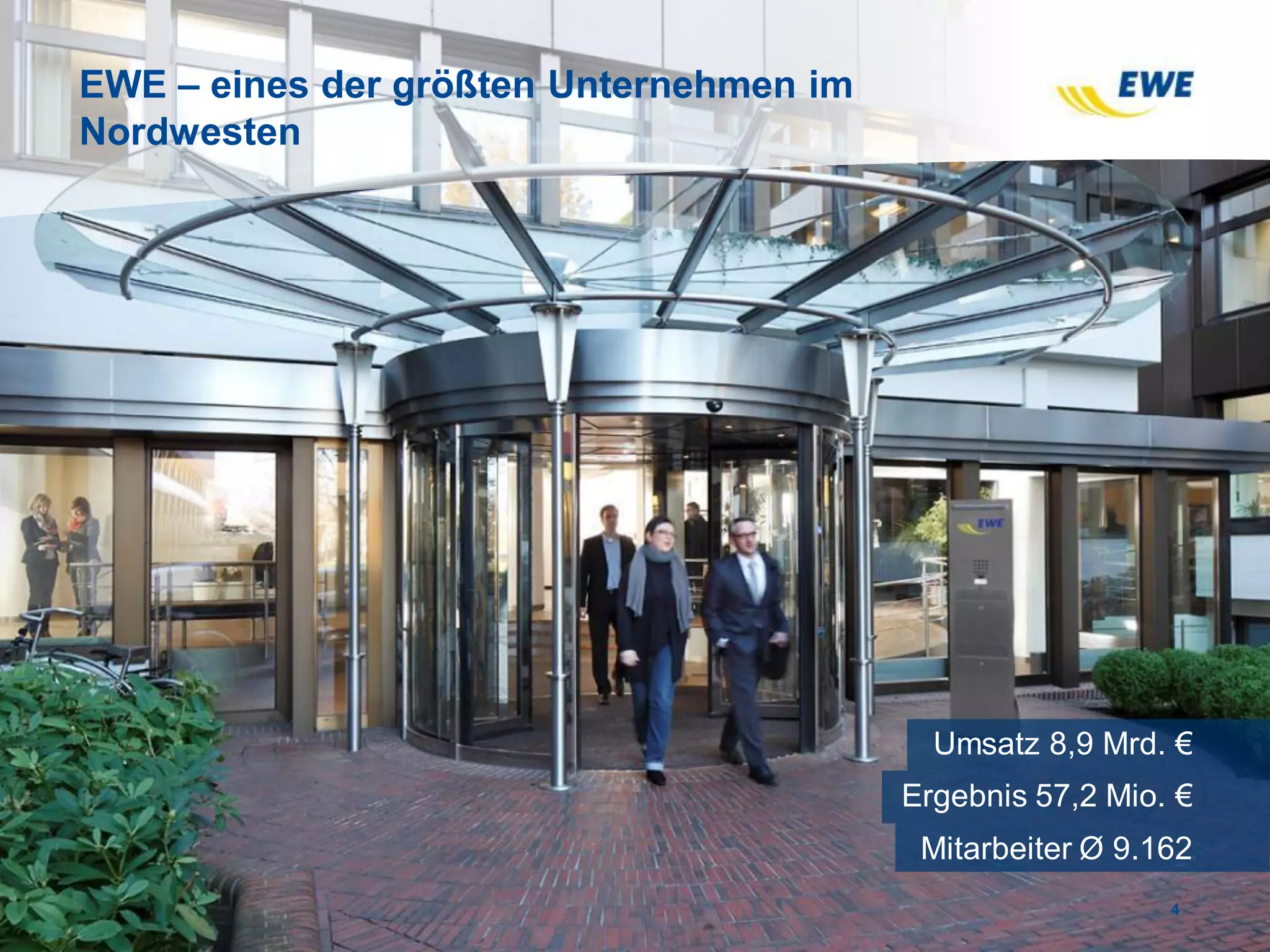 EWE – eines der größten Unternehmen im
Nordwesten
4
Umsatz 8,9 Mrd. €
Ergebnis 57,2 Mio. €
Mitarbeiter Ø 9.162
 