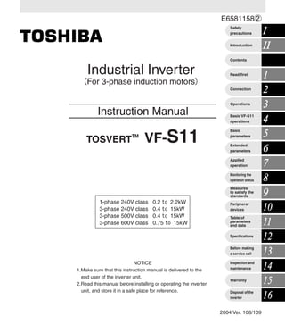 InstructionManualIndustrialInverterTOSVERTVF-S11
II
1
2
3
4
5
6
7
8
9
10
11
12
13
14
15
16
E6581158
Read first
ISafety
precautions
Introduction
Contents
Connection
Operations
Basic VF-S11
operations
Basic
parameters
Extended
parameters
Applied
operation
Monitoring the
operation status
Measures
to satisfy the
standards
Peripheral
devices
Table of
parameters
and data
Specifications
Before making
a service call
Inspection and
maintenance
Warranty
Disposal of the
inverter
NOTICE
1.Make sure that this instruction manual is delivered to the
end user of the inverter unit.
2.Read this manual before installing or operating the inverter
unit, and store it in a safe place for reference.
Instruction Manual
TOSVERT
TM
VF-S11
1-phase 240V class 0.2 2.2kW
3-phase 240V class 0.4 15kW
3-phase 500V class 0.4 15kW
3-phase 600V class 0.75 15kW
2004 Ver. 108/109
TOSHIBA
INDUSTRIAL AND POWER
SYSTEMS & SERVICES COMPANY
OVERSEAS SALES & MARKETING DEPT.
ELECTRICAL APPARATUS & MEASUREMENT DIV.
1-1, Shibaura 1-chome, Minato-Ku,
Tokyo 105-8001, Japan
TEL: +81-(0)3-3457-4911
FAX: +81-(0)3-5444-9268
TOSHIBA INTERNATIONAL CORPORATION
13131 West Little York RD., Houston,
TX 77041, U.S.A
TEL: +1-713-466-0277
FAX: +1-713-896-5226
TOSHIBA ASIA PACIFIC PTE., LTD
152 Beach Rd., #16-00 Gateway East,
Singapore 189721
TEL: +65-6297-0900
FAX: +65-6297-5510
TOSHIBA CHINA CO., LTD
23rd Floor, HSBC Tower, 101 Yin Cheng
East Road, Pudong New Area, Shanghai
200120, The People's Republic of China
TEL: +86-(0)21-6841-5666
FAX: +86-(0)21-6841-1161
TOSHIBA INTERNATIONAL CORPORATION PTY., LTD
2 Morton Street Parramatta, NSW2150, Australia
TEL: +61-(0)2-9768-6600
FAX: +61-(0)2-9890-7542
TOSHIBA INFORMATION, INDUSTRIAL AND POWER
SYSTEMSTAIWAN CORP.
6F, No66, Sec1 Shin Sheng N.RD, Taipei, Taiwan
TEL: +886-(0)2-2581-3639
FAX: +886-(0)2-2581-3631
For further information, please contact your nearest Toshiba Liaison Representative or International Operations - Producer Goods.
The data given in this manual are subject to change without notice.
2004-12
Industrial Inverter
For 3-phase induction motors
 