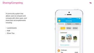 Sharing/Competing 
A community system that 
allows users to compare and 
compete with other users, and 
share their accomplishments 
including: 
• Leaderboards 
• Wall 
• Share Tips 
 