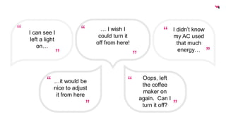 “ 
“ 
” ” 
” 
“ 
“ 
” 
“ 
” 
I can see I 
left a light 
on… 
I didn’t know 
my AC used 
that much 
energy… 
… I wish I 
could turn it 
off from here! 
Oops, left 
the coffee 
maker on 
again. Can I 
turn it off? 
…it would be 
nice to adjust 
it from here 
 