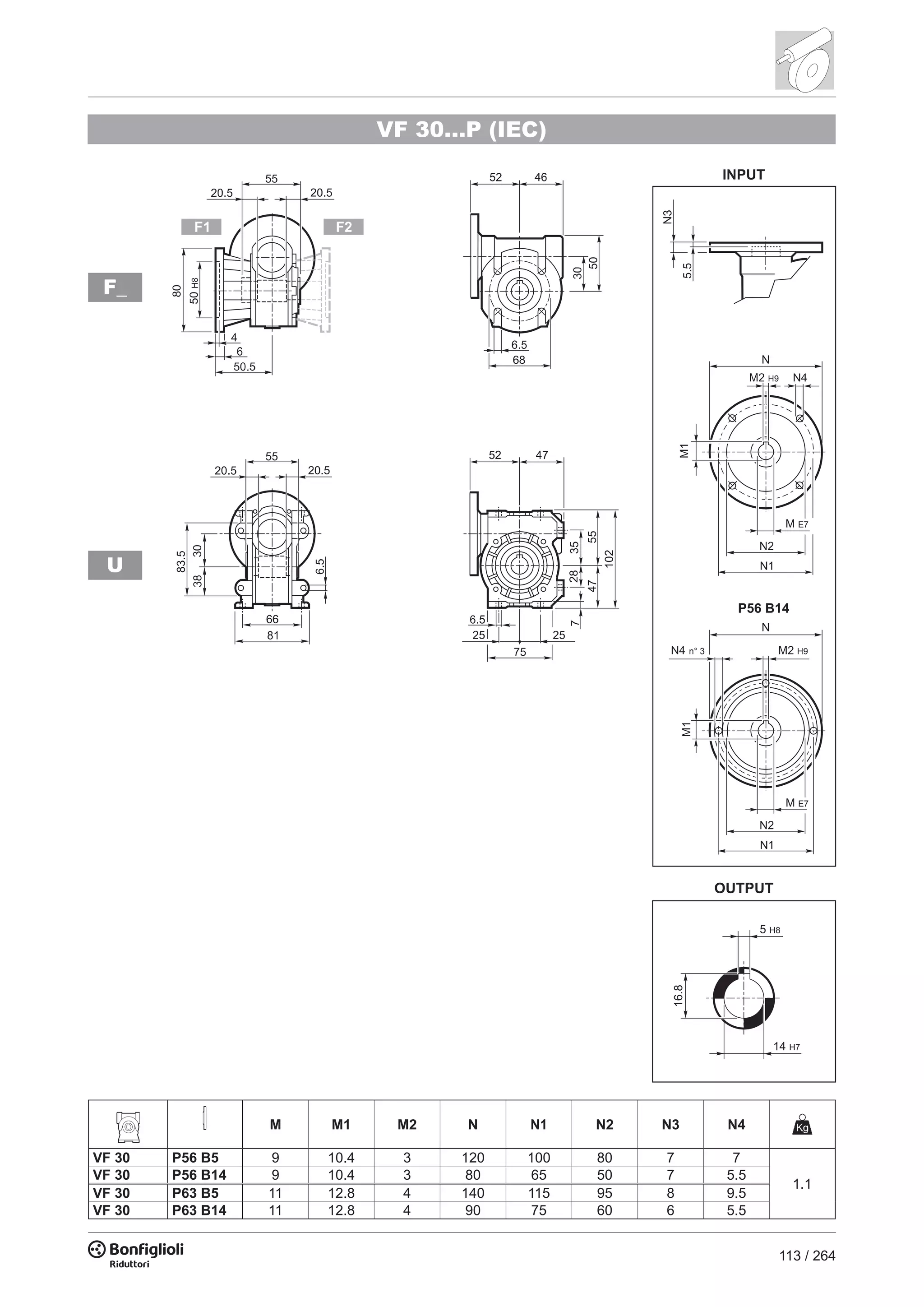 113 / 264
VF 30...P (IEC)
U
F_
P56 B14
n° 3
M M1 M2 N N1 N2 N3 N4
VF 30 P56 B5 9 10.4 3 120 100 80 7 7
1.1
VF 30 P56 B14 9 10.4 3 80 65 50 7 5.5
VF 30 P63 B5 11 12.8 4 140 115 95 8 9.5
VF 30 P63 B14 11 12.8 4 90 75 60 6 5.5
 