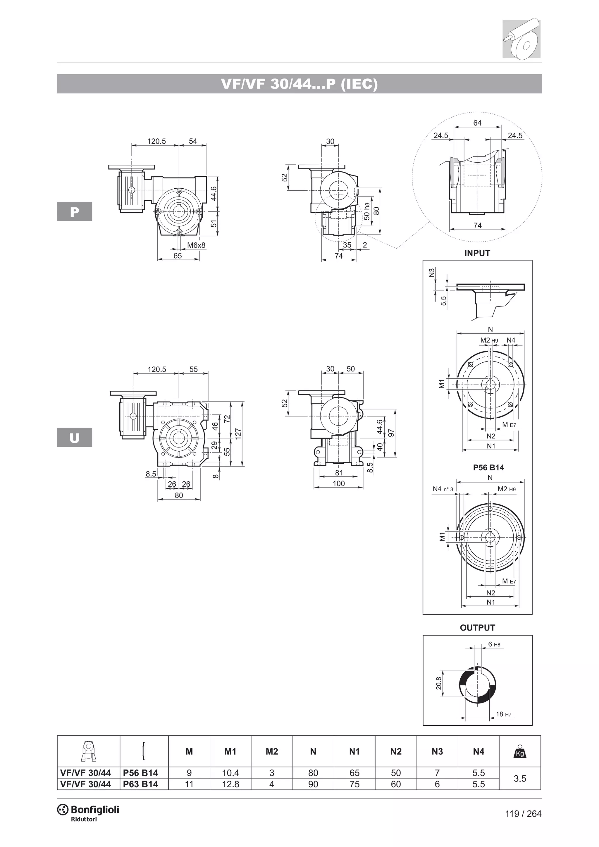 119 / 264
VF/VF 30/44...P (IEC)
U
P
P56 B14
n° 3
M M1 M2 N N1 N2 N3 N4
VF/VF 30/44 P56 B14 9 10.4 3 80 65 50 7 5.5
3.5
VF/VF 30/44 P63 B14 11 12.8 4 90 75 60 6 5.5
 