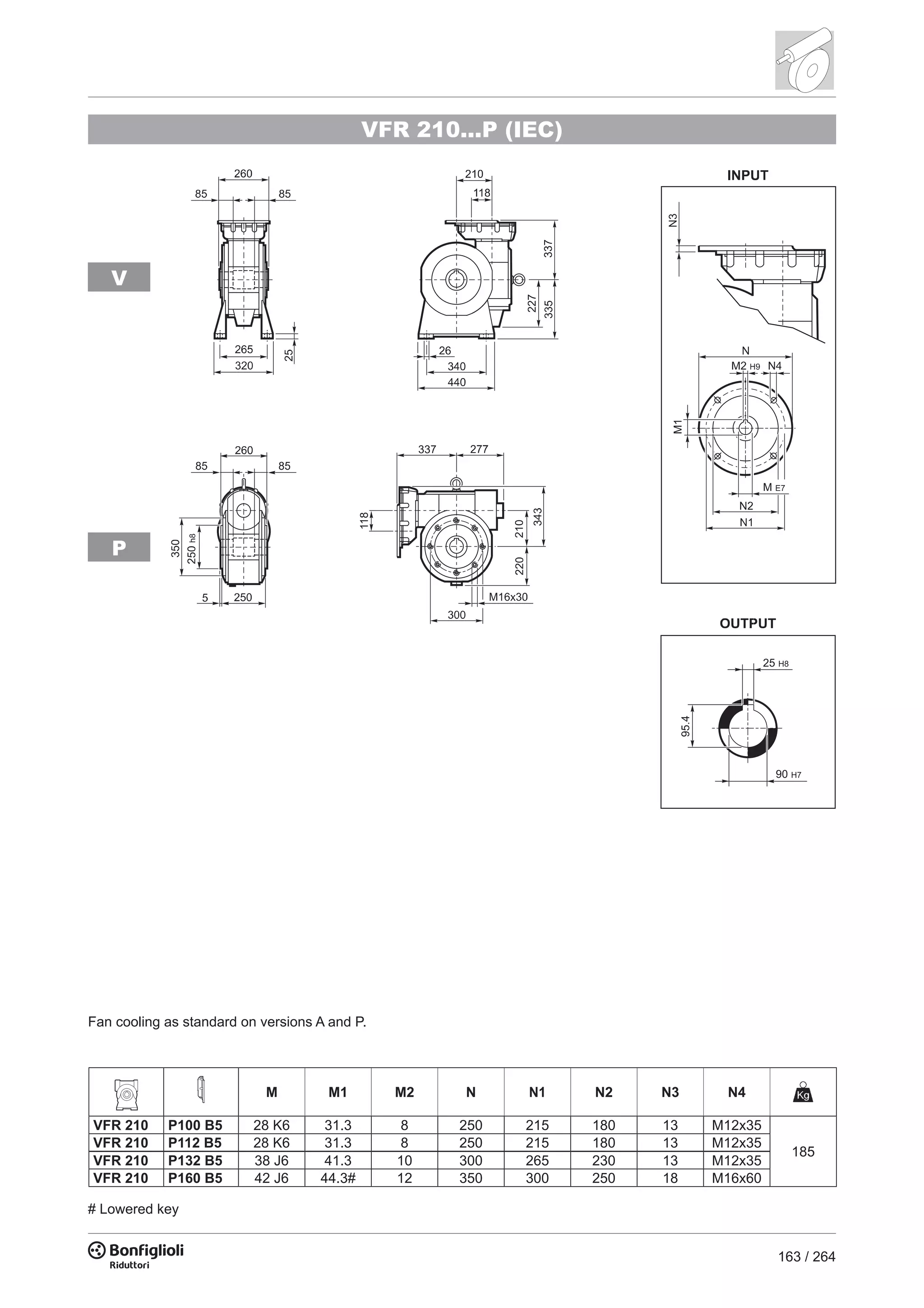 163 / 264
25 H8
95.4
90 H7
V
P
VFR 210...P (IEC)
M M1 M2 N N1 N2 N3 N4
VFR 210 P100 B5 28 K6 31.3 8 250 215 180 13 M12x35
185
VFR 210 P112 B5 28 K6 31.3 8 250 215 180 13 M12x35
VFR 210 P132 B5 38 J6 41.3 10 300 265 230 13 M12x35
VFR 210 P160 B5 42 J6 44.3# 12 350 300 250 18 M16x60
# Lowered key
Fan cooling as standard on versions A and P.
 