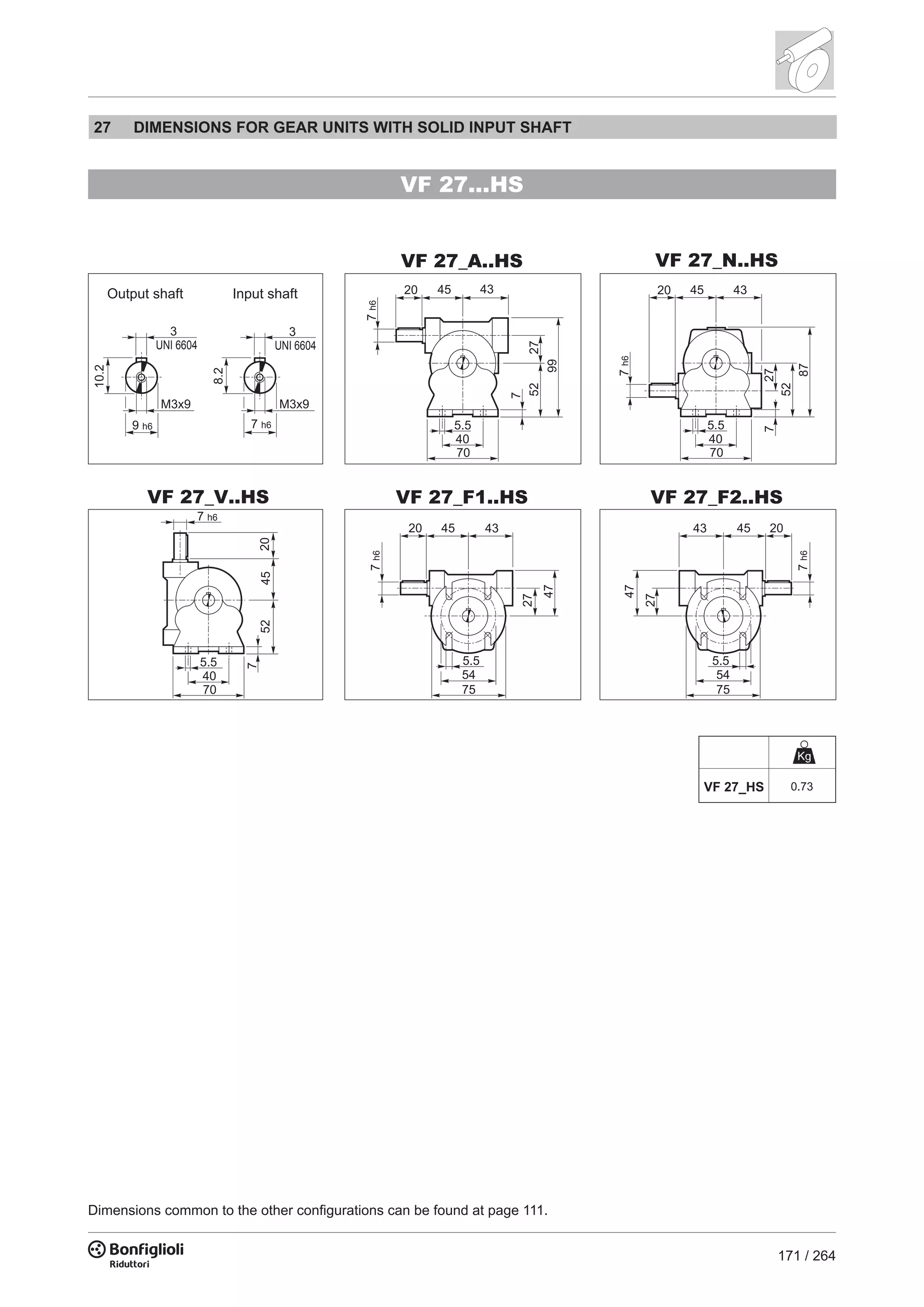 171 / 264
VF 27...HS
10.2
9 h6
M3x9
3
UNI 6604
43
43
43
5.5
5.55.5
5.5
40
5440
40
70
7570
70
7
7h6
7h6
7 h6
7h6
7
7
52
52
52
99
47
87
4520
20
20
20
45
45
45
27
27
27
8.2
7 h6
M3x9
3
UNI 6604
VF 27_A..HS VF 27_N..HS
VF 27_V..HS VF 27_F2..HS
43
5.5
54
75
7h6
47
20 45 27
VF 27_F1..HS
VF 27_HS 0.73
Dimensions common to the other configurations can be found at page 111.
Input shaftOutput shaft
27 DIMENSIONS FOR GEAR UNITS WITH SOLID INPUT SHAFT
 