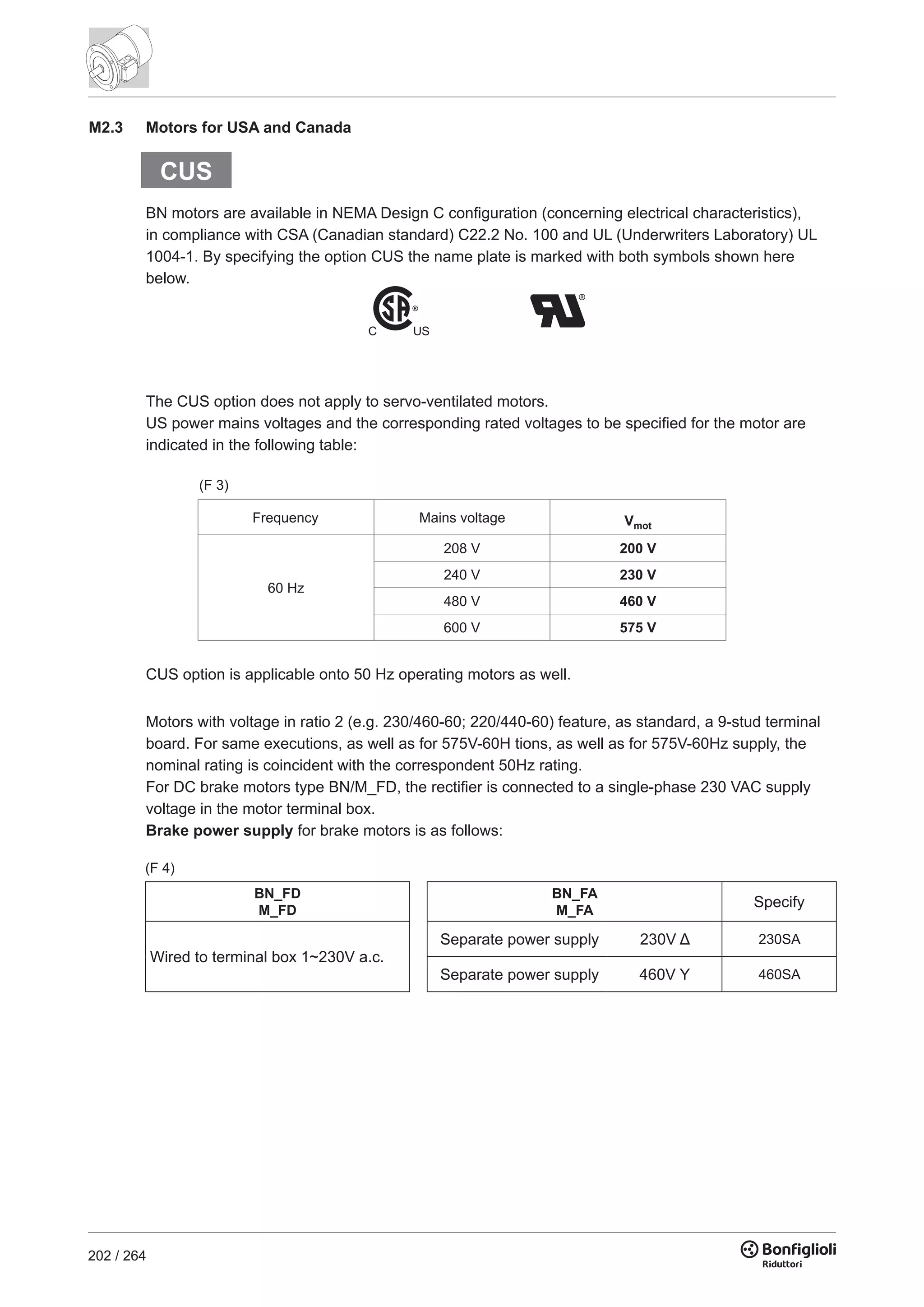 202 / 264
M2.3 Motors for USA and Canada
The CUS option does not apply to servo-ventilated motors.
US power mains voltages and the corresponding rated voltages to be specified for the motor are
indicated in the following table:
Vmot
60 Hz
208 V 200 V
240 V 230 V
480 V 460 V
600 V 575 V
Frequency Mains voltage
(F 3)
CUS option is applicable onto 50 Hz operating motors as well.
Motors with voltage in ratio 2 (e.g. 230/460-60; 220/440-60) feature, as standard, a 9-stud terminal
board. For same executions, as well as for 575V-60H tions, as well as for 575V-60Hz supply, the
nominal rating is coincident with the correspondent 50Hz rating.
For DC brake motors type BN/M_FD, the rectifier is connected to a single-phase 230 VAC supply
voltage in the motor terminal box.
Brake power supply for brake motors is as follows:
BN_FD
M_FD
BN_FA
M_FA
Specify
Wired to terminal box 1~230V a.c.
Separate power supply 230V Δ 230SA
Separate power supply 460V Y 460SA
(F 4)
CUS
BN motors are available in NEMA Design C configuration (concerning electrical characteristics),
in compliance with CSA (Canadian standard) C22.2 No. 100 and UL (Underwriters Laboratory) UL
1004-1. By specifying the option CUS the name plate is marked with both symbols shown here
below.
 