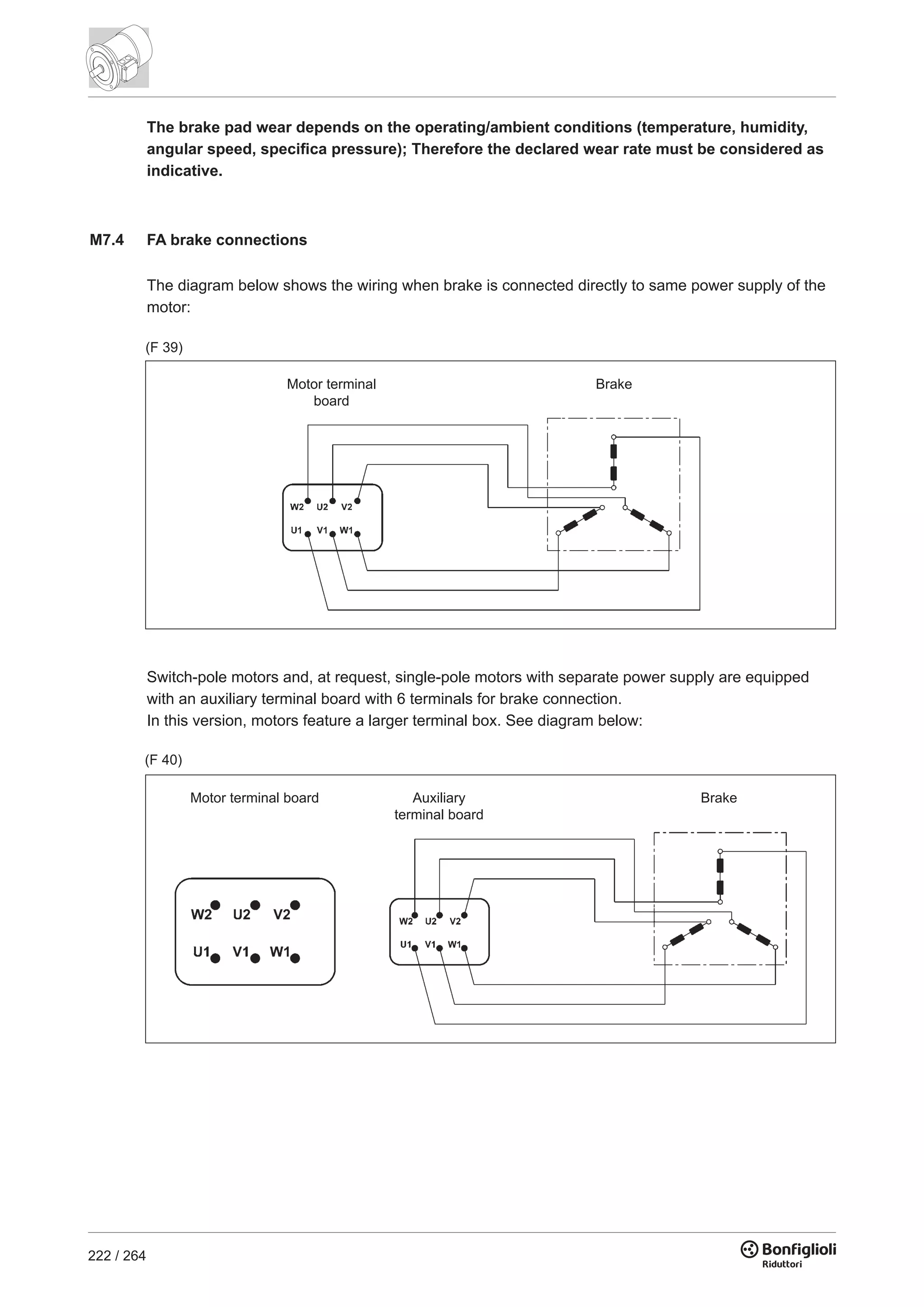 222 / 264
Switch-pole motors and, at request, single-pole motors with separate power supply are equipped
with an auxiliary terminal board with 6 terminals for brake connection.
In this version, motors feature a larger terminal box. See diagram below:
Motor terminal
board
Brake
(F 39)
The brake pad wear depends on the operating/ambient conditions (temperature, humidity,
angular speed, specifica pressure); Therefore the declared wear rate must be considered as
indicative.
M7.4 FA brake connections
The diagram below shows the wiring when brake is connected directly to same power supply of the
motor:
(F 40)
Motor terminal board Auxiliary
terminal board
Brake
 