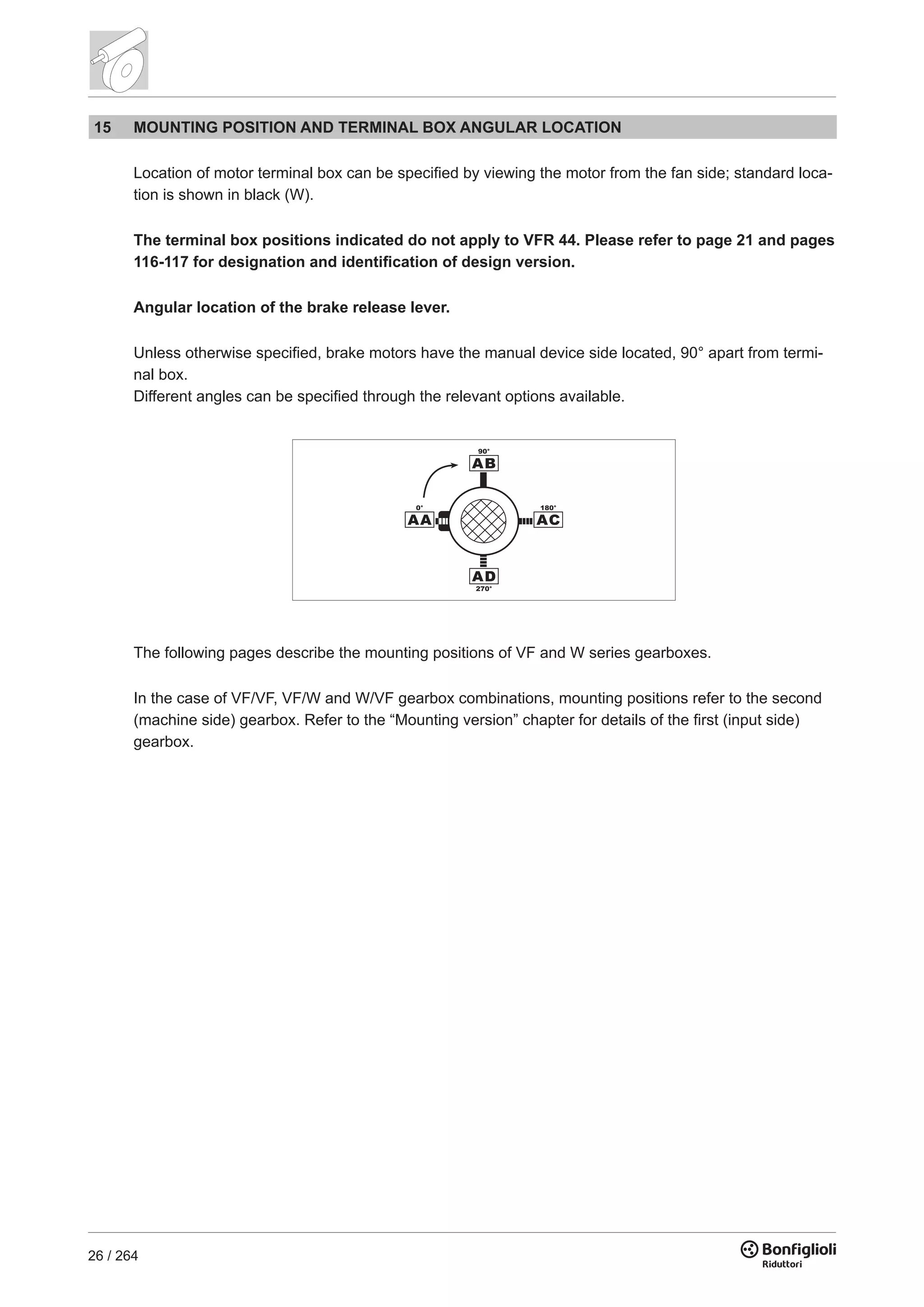 26 / 264
15 MOUNTING POSITION AND TERMINAL BOX ANGULAR LOCATION
Location of motor terminal box can be specified by viewing the motor from the fan side; standard loca-
tion is shown in black (W).
The terminal box positions indicated do not apply to VFR 44. Please refer to page 21 and pages
116-117 for designation and identification of design version.
Angular location of the brake release lever.
Unless otherwise specified, brake motors have the manual device side located, 90° apart from termi-
nal box.
Different angles can be specified through the relevant options available.
The following pages describe the mounting positions of VF and W series gearboxes.
In the case of VF/VF, VF/W and W/VF gearbox combinations, mounting positions refer to the second
(machine side) gearbox. Refer to the “Mounting version” chapter for details of the first (input side)
gearbox.
 