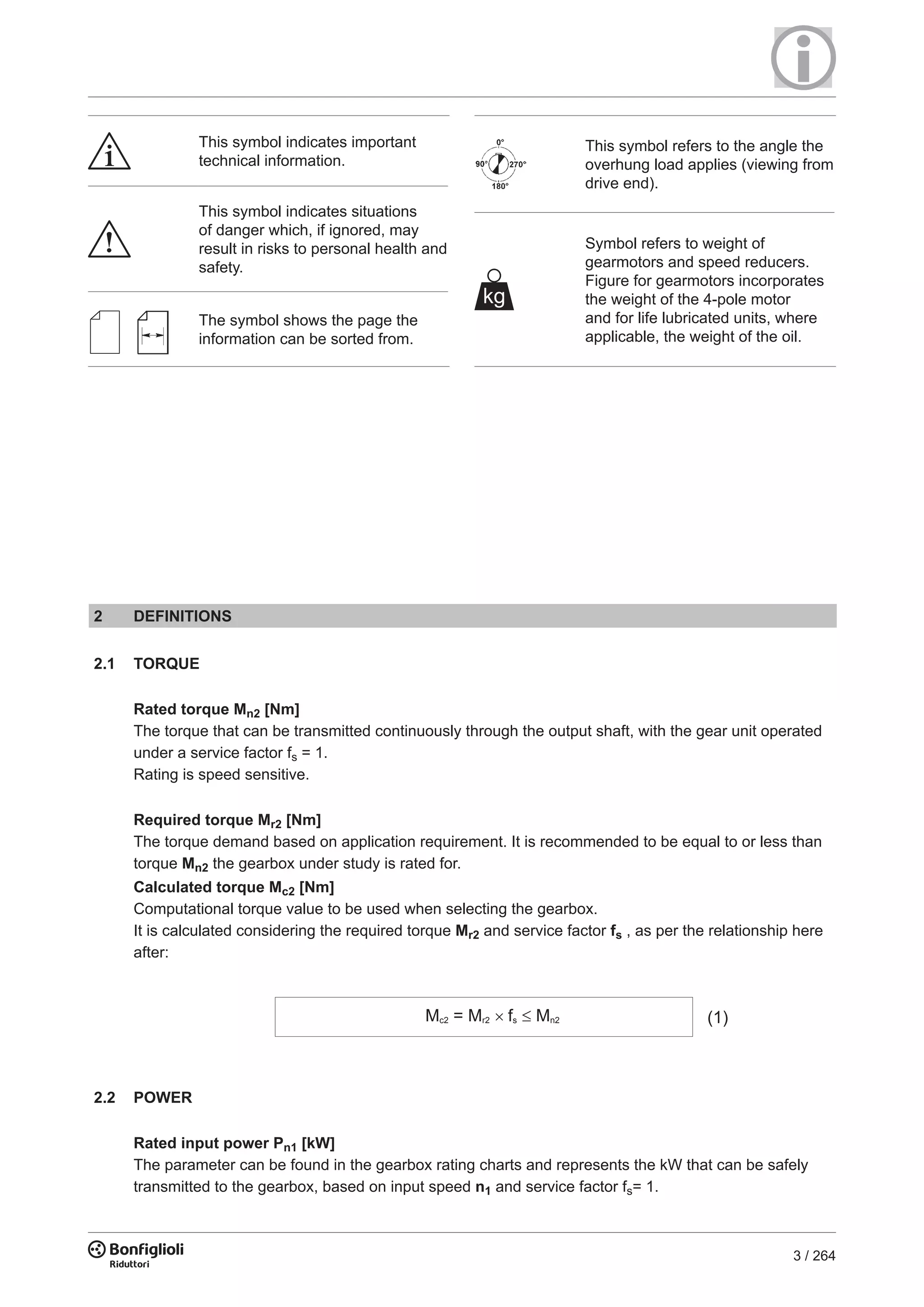 3 / 264
This symbol indicates important
technical information.
This symbol indicates situations
of danger which, if ignored, may
result in risks to personal health and
safety.
The symbol shows the page the
information can be sorted from.
This symbol refers to the angle the
overhung load applies (viewing from
drive end).
kg
Symbol refers to weight of
gearmotors and speed reducers.
Figure for gearmotors incorporates
the weight of the 4-pole motor
and for life lubricated units, where
applicable, the weight of the oil.
2.2 POWER
Rated input power Pn1 [kW]
The parameter can be found in the gearbox rating charts and represents the kW that can be safely
transmitted to the gearbox, based on input speed n1 and service factor fs= 1.
2 DEFINITIONS
2.1 TORQUE
Rated torque Mn2 [Nm]
The torque that can be transmitted continuously through the output shaft, with the gear unit operated
under a service factor fs = 1.
Rating is speed sensitive.
Required torque Mr2 [Nm]
The torque demand based on application requirement. It is recommended to be equal to or less than
torque Mn2 the gearbox under study is rated for.
Calculated torque Mc2 [Nm]
Computational torque value to be used when selecting the gearbox.
It is calculated considering the required torque Mr2 and service factor fs , as per the relationship here
after:
Mc2 = Mr2 fs Mn2 (1)
This symbol indicates important
technical information.
This symbol indicates situations
of danger which, if ignored, may
result in risks to personal health and
safety.
The symbol shows the page the
information can be sorted from.
This symbol refers to the angle the
overhung load applies (viewing from
drive end).
kg
Symbol refers to weight of
gearmotors and speed reducers.
Figure for gearmotors incorporates
the weight of the 4-pole motor
and for life lubricated units, where
applicable, the weight of the oil.
 