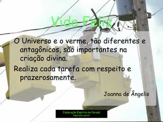 Vida Feliz
O Universo e o verme, tão diferentes e
antagônicos, são importantes na
criação divina.
Realiza cada tarefa com respeito e
prazerosamente.
Joanna de Ângelis
Federação Espírita do Paraná
feparana.com.br
 