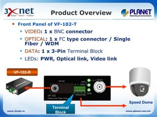 Product Overview
      Front Panel of VF-102-T
         VIDEO: 1 x BNC connector
         OPTICAL: 1 x FC type connector / Single
          Fiber / WDM
         DATA: 1 x 3-Pin Terminal Block
         LEDs: PWR, Optical link, Video link

    VF-102-R
                                                                 VIDEO
                             OPTIC                  LNK
                                                   GND



                                                           PWR
                  VF-102                       RS422/485
                  Video over Fiber Converter

                                                                           Speed Dome
                      Terminal
www.3xnet.ro                                                             www.planet.com.tw
                       Block
 