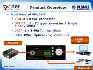 Product Overview
      Front Panel of VF-102-R
         VIDEO: 1 x BNC connector
         OPTICAL: 1 x FC type connector / Single
          Fiber / WDM
         DATA: 1 x 3-Pin Terminal Block
         LEDs: PWR, Optical link, Video link
                                                                         Monitor /
                                                                           DVR
    VF-102-T
                                                                 VIDEO
                             OPTIC                  LNK
                                                   GND



                                                           PWR
                  VF-102                       RS422/485
                  Video over Fiber Converter




www.3xnet.ro                                                             www.planet.com.tw
                                                                             Keyboard
 