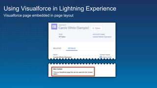 Using Visualforce in Lightning Experience
Visualforce page embedded in page layout
 