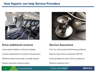 How Hyperic can help Service ProvidersDrive additional revenueValue-added addition to Service CatalogCustom dashboards of customer infrastructureRealtime performance data, not stale reportsHyperic becomes revenue centerService AssuranceFind, fix, and prevent performance problemsReduce mean time to resolution (MTTR)Avoid penalties for lack of SLA complianceReduce customer churn