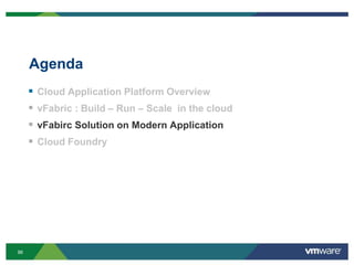 Agenda
        Cloud Application Platform Overview
        vFabric : Build – Run – Scale in the cloud
        vFabirc Solution on Modern Application
        Cloud Foundry




96
 