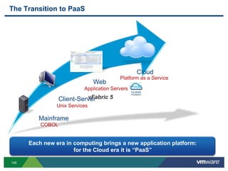 The Transition to PaaS




                                                 Cloud
                                          Platform as a Service
                                Web
                           Application Servers
                            vFabric 5
                  Client-Server
                Unix Services

         Mainframe
          COBOL


      Each new era in computing brings a new application platform:
                      for the Cloud era it is “PaaS”

108
 