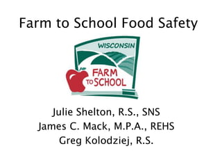 Farm to School Food Safety
Julie Shelton, R.S., SNS
James C. Mack, M.P.A., REHS
Greg Kolodziej, R.S.
 
