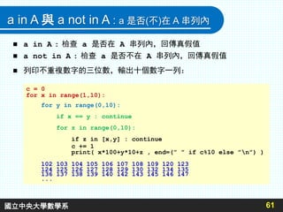 a in A 與 a not in A : a 是否(不)在 A 串列內
 a in A : 檢查 a 是否在 A 串列內，回傳真假值
 a not in A : 檢查 a 是否不在 A 串列內，回傳真假值
 列印不重複數字的三位數，輸出十個數字一列：
61
c = 0
for x in range(1,10):
for y in range(0,10):
if x == y : continue
for z in range(0,10):
if z in [x,y] : continue
c += 1
print( x*100+y*10+z , end=(” ” if c%10 else ”n”) )
102 103 104 105 106 107 108 109 120 123
124 125 126 127 128 129 130 132 134 135
136 137 138 139 140 142 143 145 146 147
...
國立中央大學數學系
 