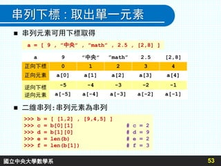 串列下標 : 取出單一元素
 串列元素可用下標取得
53
a = [ 9 , ”中央” , ”math” , 2.5 , [2,8] ]
a 9 ”中央” ”math” 2.5 [2,8]
正向下標
正向元素
0 1 2 3 4
a[0] a[1] a[2] a[3] a[4]
逆向下標
逆向元素
-5 -4 -3 -2 -1
a[-5] a[-4] a[-3] a[-2] a[-1]
 二維串列:串列元素為串列
>>> b = [ [1,2] , [9,4,5] ]
>>> c = b[0][1] # c = 2
>>> d = b[1][0] # d = 9
>>> e = len(b) # e = 2
>>> f = len(b[1]) # f = 3
國立中央大學數學系
 