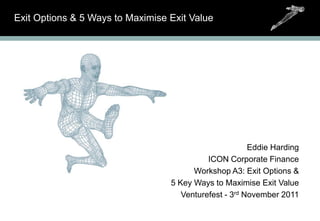Exit Options & 5 Ways to Maximise Exit Value




                                                        Eddie Harding
                                            ICON Corporate Finance
                                        Workshop A3: Exit Options &
                                  5 Key Ways to Maximise Exit Value
                                     Venturefest - 3rd November 2011
 