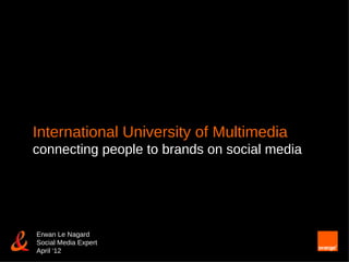 International University of Multimedia
connecting people to brands on social media




Erwan Le Nagard
Social Media Expert
April ‘12
 