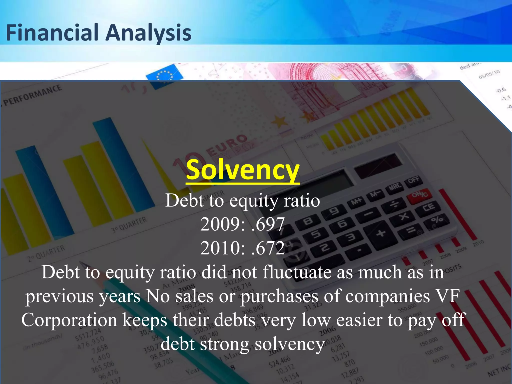Solvency
Debt to equity ratio
2009: .697
2010: .672
Debt to equity ratio did not fluctuate as much as in
previous years No sales or purchases of companies VF
Corporation keeps their debts very low easier to pay off
debt strong solvency
Financial Analysis
 