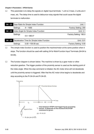 Chapter 5 Parameters|VFD-B Series
5-58 Revision July 2008, BE16, SW V4.08 & V5.00
This parameter is to delay the signals on digital input terminals. 1 unit is 2 msec, 2 units are 4
msec, etc. The delay time is used to debounce noisy signals that could cause the digital
terminals to malfunction.
04 - 23 Gear Ratio for Simple Index Function Unit: 1
Settings 4 ~ 1000 Factory Setting: 200
04 - 24 Index Angle for Simple Index Function Unit: 0.1
Settings
0.0 ~360.0°
Factory Setting: 180.0
04 - 25 Deceleration Time for Simple Index Function Unit: 0.01
Settings 0.00 ~100.00 sec Factory Setting: 0.00
The simple index function is used to position the machine/motor at the same position when it
stops. The function should be used with setting 34 for Multi-Function Input Terminals (04-04 to
04-09).
The function diagram is shown below. The machine is driven by a gear motor or other
reduction gearbox. The trigger position of the proximity sensor is used as the starting point of
the index angle. When the stop command is initiated, the AC motor drive will not decelerate
until the proximity sensor is triggered. After that the AC motor drive begins to decelerate and
stop according to the Pr.04-24 and Pr.04-25.
time between STOP and triggering by proximity
sensor. It depends on the moment the STOP
command is given.
Frequency
Proximity Sensor Actives
Time
Signal of Zero
=Pr.04-25
 