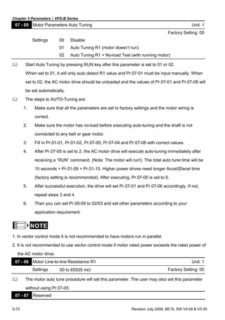 Chapter 5 Parameters|VFD-B Series
5-72 Revision July 2008, BE16, SW V4.08 & V5.00
07 - 05 Motor Parameters Auto Tuning Unit: 1
Factory Setting: 00
Settings 00 Disable
01 Auto Tuning R1 (motor doesn’t run)
02 Auto Tuning R1 + No-load Test (with running motor)
Start Auto Tuning by pressing RUN key after this parameter is set to 01 or 02.
When set to 01, it will only auto detect R1 value and Pr.07-01 must be input manually. When
set to 02, the AC motor drive should be unloaded and the values of Pr.07-01 and Pr.07-06 will
be set automatically.
The steps to AUTO-Tuning are:
1. Make sure that all the parameters are set to factory settings and the motor wiring is
correct.
2. Make sure the motor has no-load before executing auto-tuning and the shaft is not
connected to any belt or gear motor.
3. Fill in Pr.01-01, Pr.01-02, Pr.07-00, Pr.07-04 and Pr.07-08 with correct values.
4. After Pr.07-05 is set to 2, the AC motor drive will execute auto-tuning immediately after
receiving a ”RUN” command. (Note: The motor will run!). The total auto tune time will be
15 seconds + Pr.01-09 + Pr.01-10. Higher power drives need longer Accel/|Decel time
(factory setting is recommended). After executing, Pr.07-05 is set to 0.
5. After successful execution, the drive will set Pr.07-01 and Pr.07-06 accordingly. If not,
repeat steps 3 and 4.
6. Then you can set Pr.00-09 to 02/03 and set other parameters according to your
application requirement.
NOTE
1. In vector control mode it is not recommended to have motors run in parallel.
2. It is not recommended to use vector control mode if motor rated power exceeds the rated power of
the AC motor drive.
07 - 06 Motor Line-to-line Resistance R1 Unit: 1
Settings 00 to 65535 mΩ Factory Setting: 00
The motor auto tune procedure will set this parameter. The user may also set this parameter
without using Pr.07-05.
07 - 07 Reserved
 