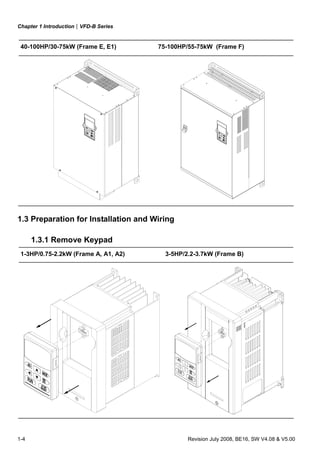Chapter 1 Introduction|VFD-B Series
1-4 Revision July 2008, BE16, SW V4.08 & V5.00
40-100HP/30-75kW (Frame E, E1) 75-100HP/55-75kW (Frame F)
1.3 Preparation for Installation and Wiring
1.3.1 Remove Keypad
1-3HP/0.75-2.2kW (Frame A, A1, A2) 3-5HP/2.2-3.7kW (Frame B)
 